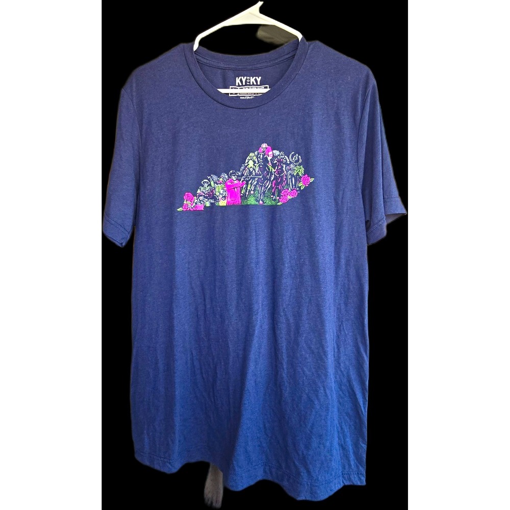 KY for KY Men's L Blue Kentucky Derby Horse Racing Graphic Crew Neck T-Shirt